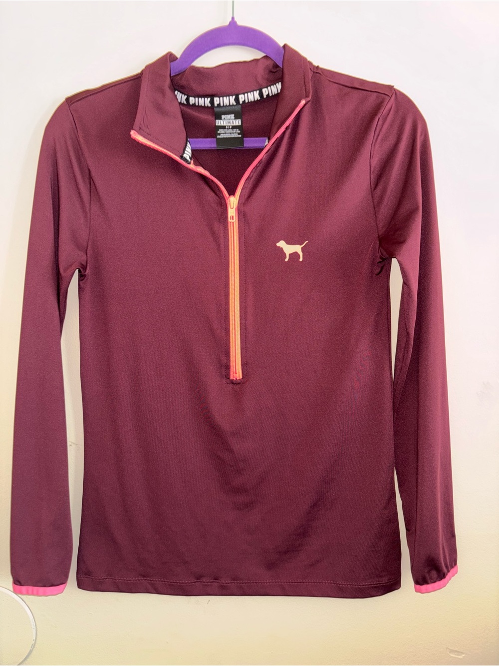 PINK Victoria's Secret Maroon Half-Zip Pullover with Coral Accents